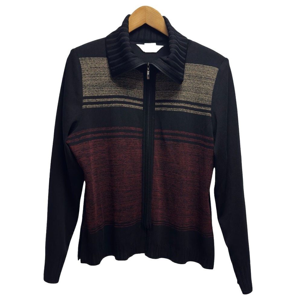 Misook Womens Size Medium Black Full Zip Cardigan Sweater Striped Jacket Acrylic